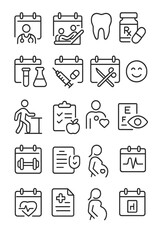 Fototapeta premium Medical Appointments icons in minimalistic line art style: doctor visit date, therapy session, dental appointment, prescription refill, lab test date,