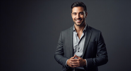 Smiling, confident handsome businessman in a stylish suit, hands clasped, Ideal for business and corporate themes