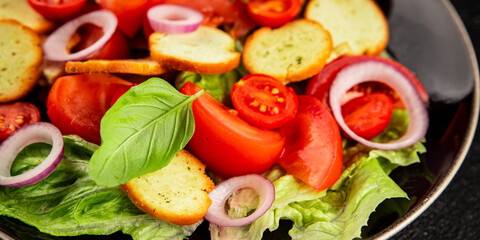 Panzanella salad tomato, croutons, onions vegetables dish natural product tasty snack fresh delicious gourmet food background on the table rustic top view copy space