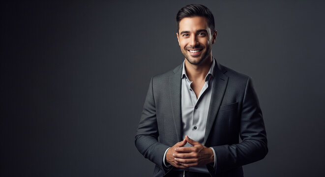 Smiling, confident handsome businessman in a stylish suit, hands clasped, Ideal for business and corporate themes