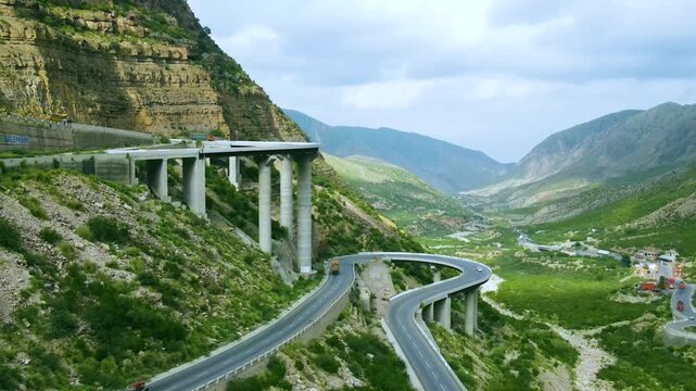 A multi-layer bridge, a marvel of modern architecture, constructed in a mountainous region