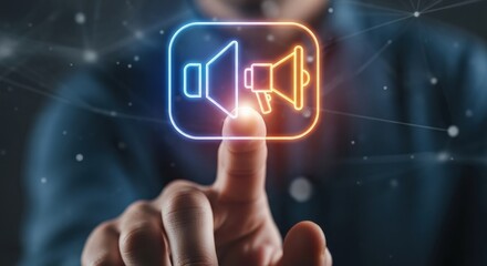 Hand touching a digital marketing icon on a virtual screen.