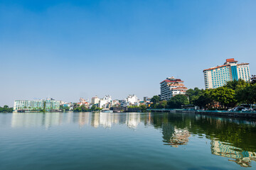 Naklejka premium Hanoi West Lake, or Tay Ho Lake, view in Hanoi, Vietnam. Famous lake in the center of Hanoi, Vietnam