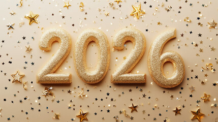 Golden numbers 2026 and sparkling confetti stars on a beige background. New Year's composition.