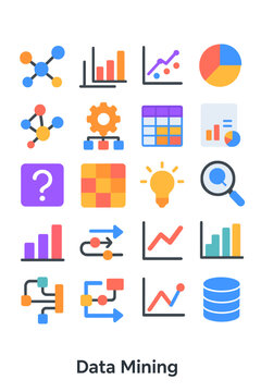 Data Mining icons in modern flat vector style in minimalistic vibrant color design: cluster graph, bar chart, scatter plot, pie icon, network diagram,