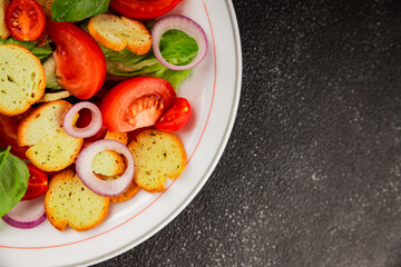 Panzanella salad tomato, croutons, onions vegetables dish natural product tasty snack fresh delicious gourmet food background on the table rustic top view copy space
