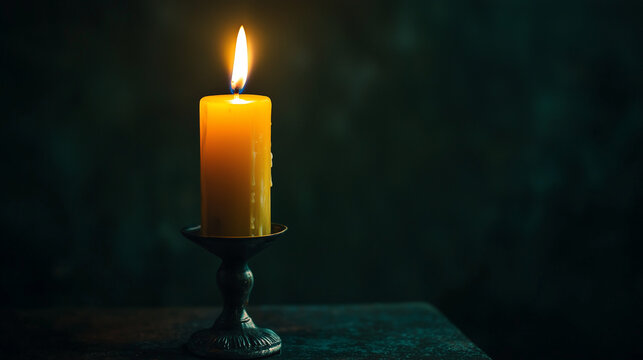 One burning candle in a vintage candlestick, dark gloomy background, space for text.