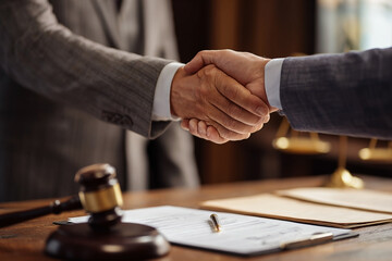 Formal handshake over legal documents showcasing partnership in judicial context