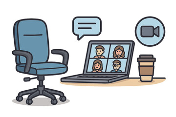 Modern workspace for remote work, home office. Laptop with video conference call for virtual meeting, online collaboration. Office chair, coffee. Vector illustration.