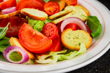 Panzanella salad tomato, croutons, onions vegetables dish natural product tasty snack fresh delicious gourmet food background on the table rustic top view copy space