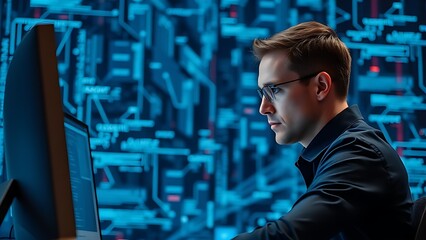 Professional working at a desk with abstract digital patterns representing data in the background.