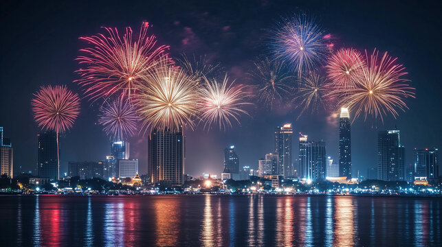 Happy new year 2026 firework over cityscape building near sea at night time celebration.