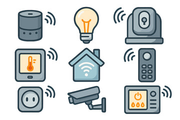 Smart home icon set with connected devices for home automation. Internet of Things (IoT) graphic collection with camera, light, thermostat, speaker, plug. Vector icons.