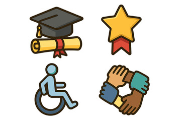 Inclusive achievement icon set. Education, success, accessibility, and collaboration symbols. Vector concepts for diversity, teamwork, graduation, and disability support.