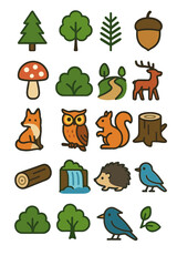 Forest Protection icons in modern flat vector style in minimalistic vibrant color design: pine tree, oak tree, fern leaf, acorn, mushroom, bush,