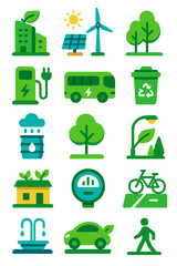 Sustainable Cities icons in modern flat vector style in minimalistic vibrant color design: eco building, solar panel, wind turbine, green park,