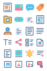 Fototapeta premium Blog and Articles icons in modern flat vector style in minimalistic vibrant color design: blog post, featured image, comment icon, tag icon, category