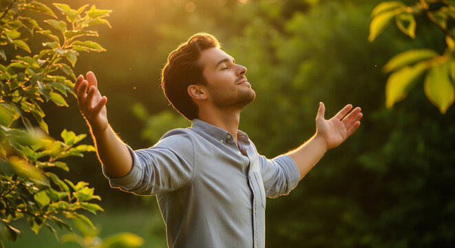 Man finds peace in nature, embracing golden sunlight with open arms and closed eyes