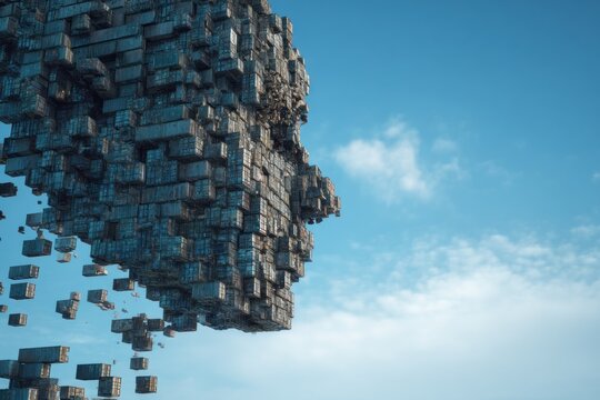 A large silhouette of a human face emerges from disintegrating geometric shapes in a vibrant blue sky. The artwork captures a feeling of futuristic surrealism and imagination