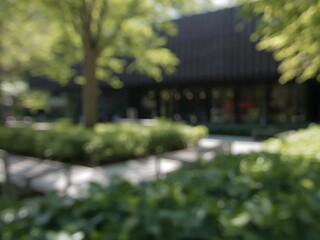 A completely blurred background of a sunny park or garden with green trees. An abstract, out-of-focus scene.