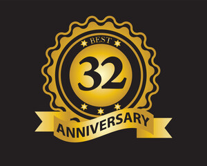 Naklejka premium 32nd Anniversary Golden Badge. Best Anniversary Seal with Ribbon. Vector Illustration on Black Background