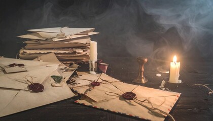 Nostalgic still life with forgotten letters, aged paper, wax seals, fountain pens, dried roses, and candles. Romantic and mysterious atmosphere with soft shadows, vintage tones, and storytelling appea