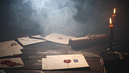Nostalgic still life with forgotten letters, aged paper, wax seals, fountain pens, dried roses, and candles. Romantic and mysterious atmosphere with soft shadows, vintage tones, and storytelling appea