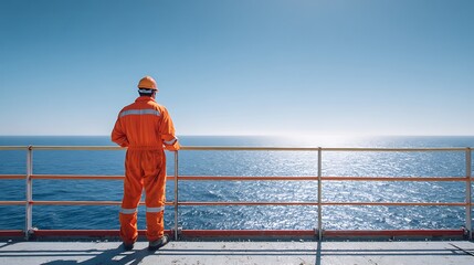 A seafarer stands on the deck of a ship, gazing out at the vast ocean.
