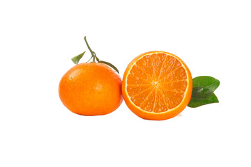 Fresh Ehime Orange Citrus Fruit Whole and Half with Leaves Isolated on White Background
