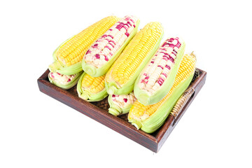 Fresh Multi-Colored Corn Cobs in Wooden Basket - Yellow and White Sweet Corn Variety Display