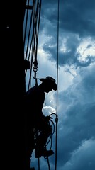 A skilled worker climbs a high-voltage powerline, showcasing the precision and danger of their profession.