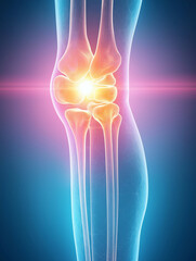 Glowing 3D rendering of human knee joint with neon highlights, showcasing bones and ligaments in vibrant, futuristic style. image emphasizes anatomical details and health concepts