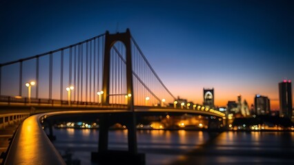 Fototapeta premium Suspension bridge at dusk illuminated by warm city lights, showcasing an urban landscape.