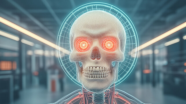 Futuristic digital skeleton with glowing neon eyes and holographic overlay stands in modern, high tech environment, evoking sense of advanced technology and innovation
