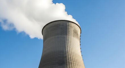 Cooling tower of a nuclear power plant emitting steam against a clear blue sky, symbolizing energy generation