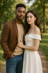 Obraz premium Young interracial couple posing together in a lush park, embracing warmly while gazing happily at the camera, radiating love and joy