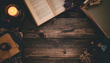 Atmospheric still life inspired by dark academia and herbal apothecaries. Flat lays of old books, handwritten notes, dried herbs, glass jars, and candles arranged on rustic wooden tables. Moody 