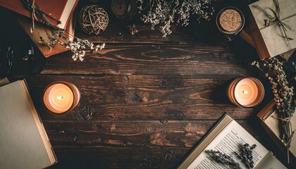 Atmospheric still life inspired by dark academia and herbal apothecaries. Flat lays of old books, handwritten notes, dried herbs, glass jars, and candles arranged on rustic wooden tables. Moody 