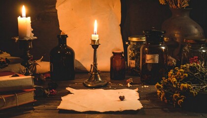 Atmospheric still life inspired by dark academia and herbal apothecaries. Flat lays of old books, handwritten notes, dried herbs, glass jars, and candles arranged on rustic wooden tables. Moody 