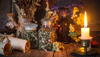Atmospheric still life inspired by dark academia and herbal apothecaries. Flat lays of old books, handwritten notes, dried herbs, glass jars, and candles arranged on rustic wooden tables. Moody 