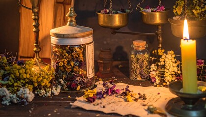Atmospheric still life inspired by dark academia and herbal apothecaries. Flat lays of old books, handwritten notes, dried herbs, glass jars, and candles arranged on rustic wooden tables. Moody 