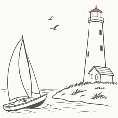 Coastal scene with lighthouse, sailboat, and birds