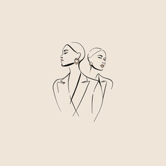 Modern line art illustration of two elegant women in blazers with earrings, symbolizing fashion and confidence