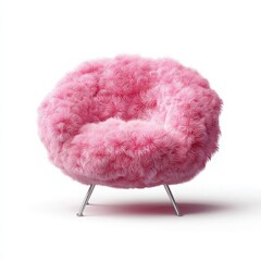 A fluffy pink chair with a round shape and metal legs. The chair has a soft, textured surface, ideal for modern interior design.