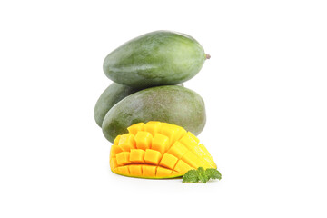 Fresh Panzhihua Sichuan Mangoes with Sliced Fruit and Mint on White Background