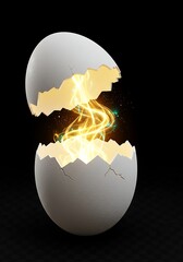 Cracked White Egg with Golden Energy Stream on Black