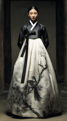 Naklejka premium Traditional Korean Hanbok displayed by a model in an elegant setting with artistic designs on the fabric