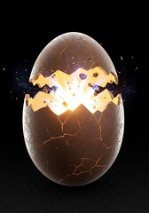 Brown Egg Exploding with Bright Yellow Light on Black Background