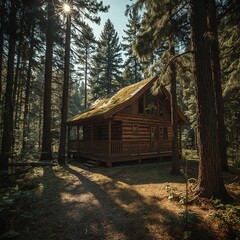Solitary forest cottage in a lush green setting, atmospheric lighting and rich organic detail.