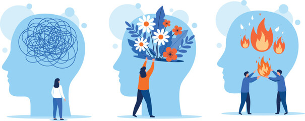 Mental Health Concept Illustration with Scribble, Flowers, and Flames Inside Human Heads Representing Anxiety, Clarity, and Emotional Intensity